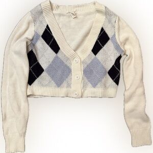 Girls Cropped Argyle Patterned Cream and Black/Blue Sweater